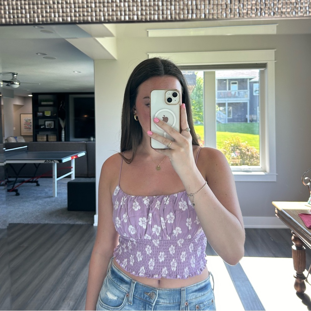 Purple and White Ruched Flower Tank Top